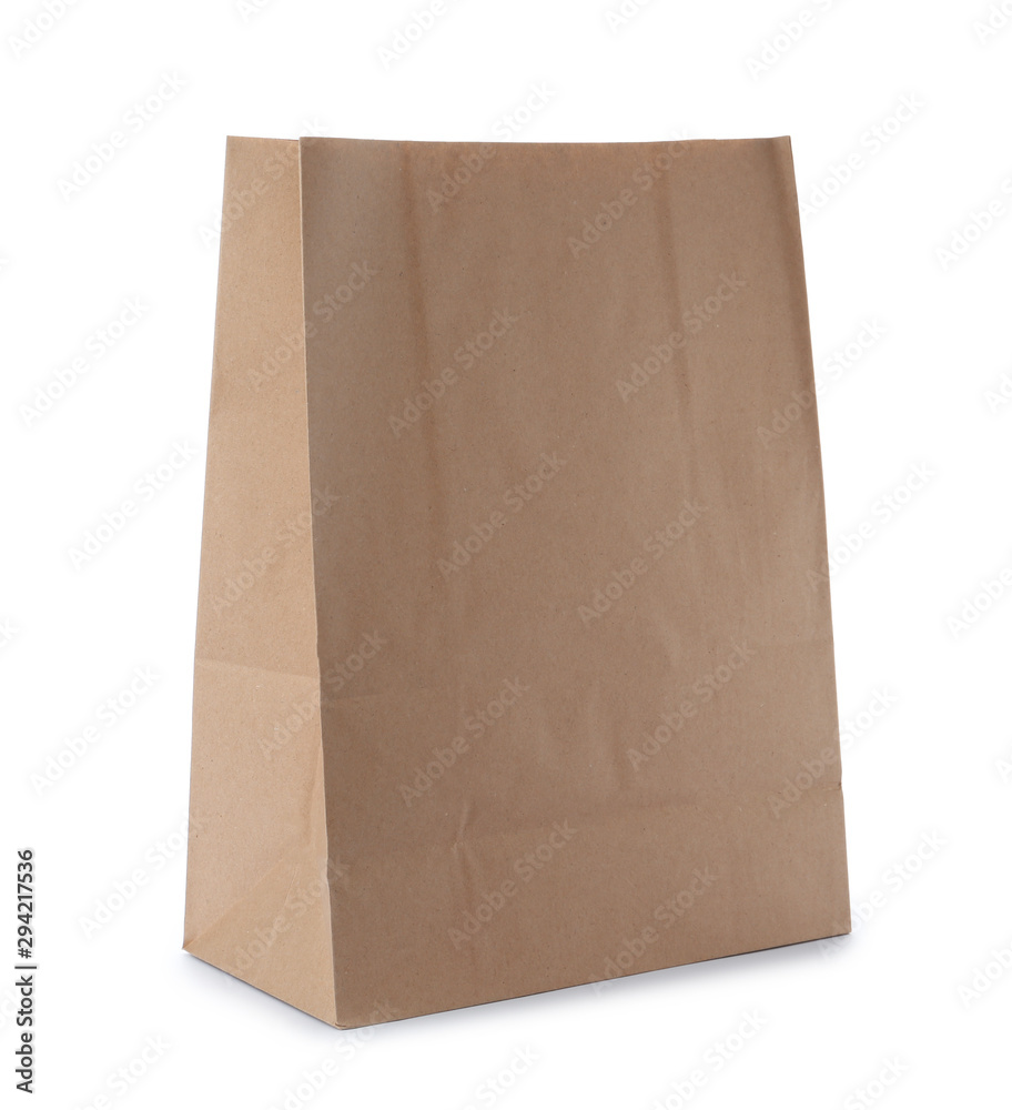 Empty craft paper bag isolated on white. Mockup for design Empty craft paper bag isolated on white. Mockup for design