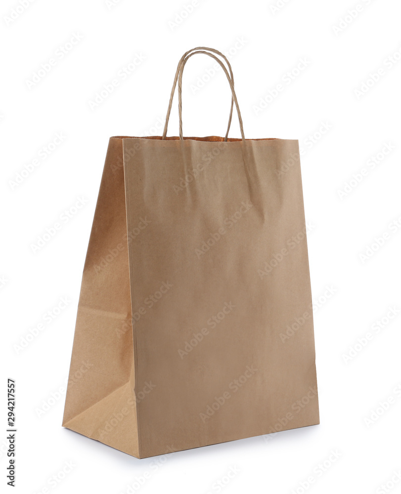 Empty craft paper bag isolated on white. Mockup for design Empty craft paper bag isolated on white. Mockup for design