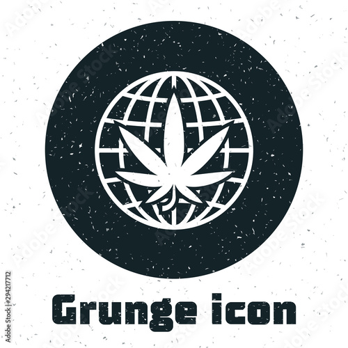 Grunge Legalize marijuana or cannabis globe symbol icon isolated on white background. Hemp symbol. Vector Illustration