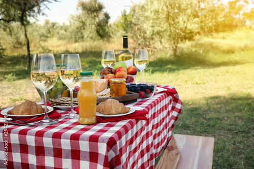 Picnic table with different tasty snacks and wine