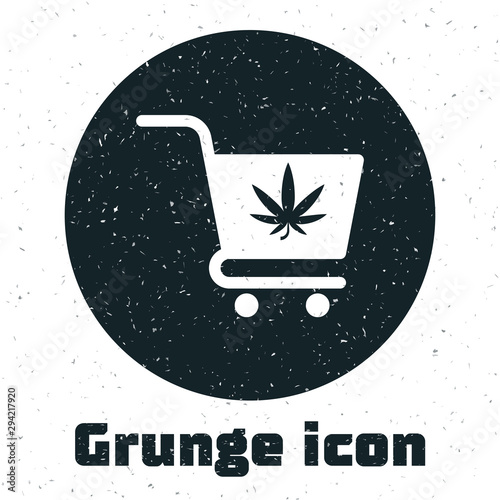Grunge Shopping cart with marijuana or cannabis leaf icon isolated on white background. Online buying. Delivery service. Supermarket basket. Vector Illustration