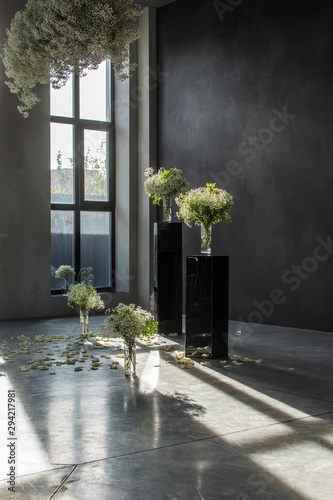 Fototapeta Naklejka Na Ścianę i Meble -  gypsophila flowers in glass vases on the pedestals on the floor. Large studio window sunlight reflection. Minimalism in the interior