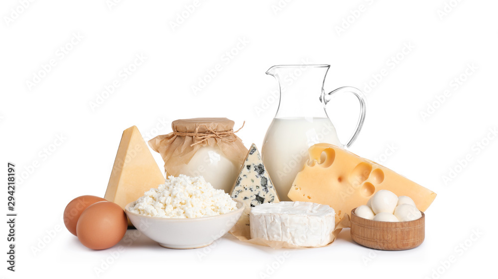Set of different dairy products isolated on white Set of different dairy products isolated on white