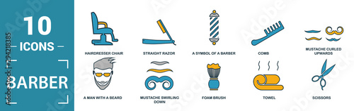Barber Shop icon set. Include creative elements scissors, foam brush, straight razors cross, towel, mirror icons. Can be used for report, presentation, diagram, web design