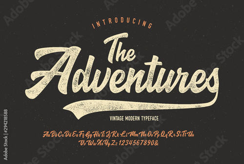  "The Adventures". Vintage Brush Script Alphabet. Retro Typeface. Vector Illustration.