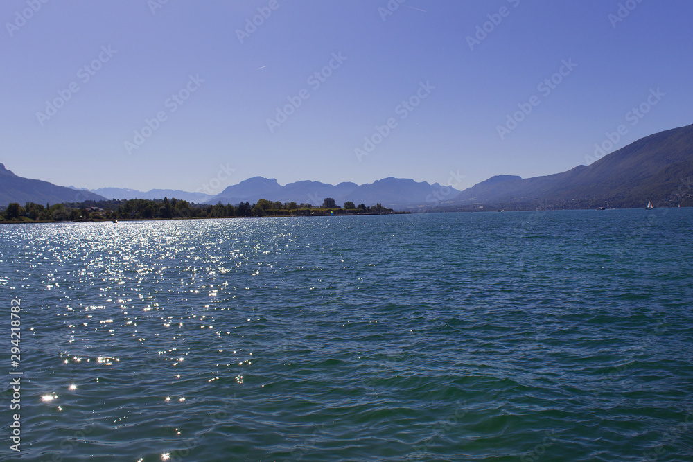 view of panorama horizon of lake bourget france savoie region french alps mountain