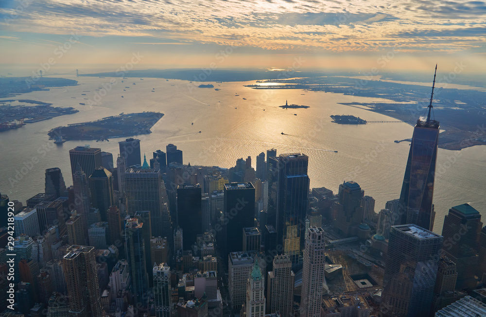 Aerial of downtown manhattan financial district and the upper new york bay looking south