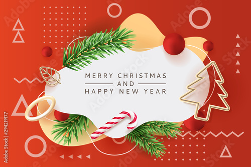 Merry Christmas, Happy New Year poster, banner design. Vector 3d illustration of fir branches, gold metal Christmas tree