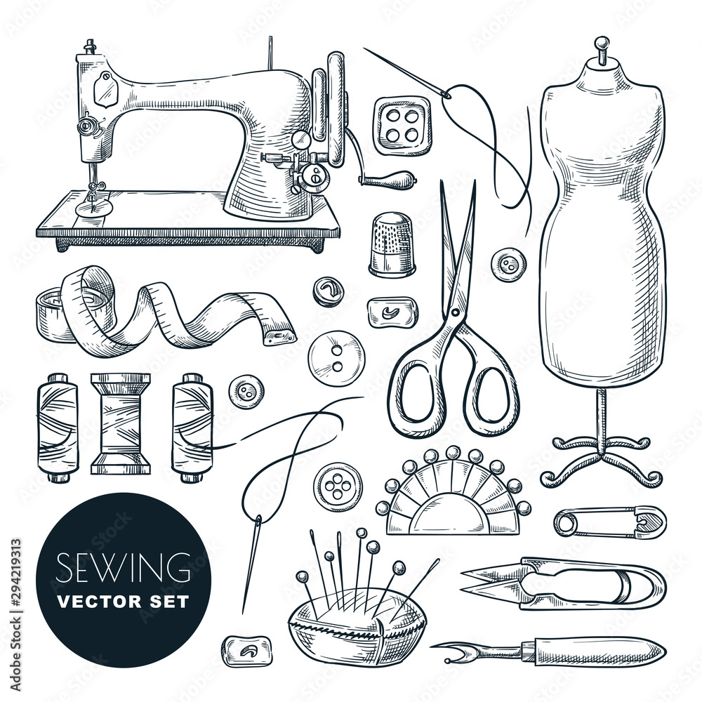 Sewing tools and tailor equipment set. Vector sketch illustration. Craft and handmade sew needlework design elements - obrazy, fototapety, plakaty 