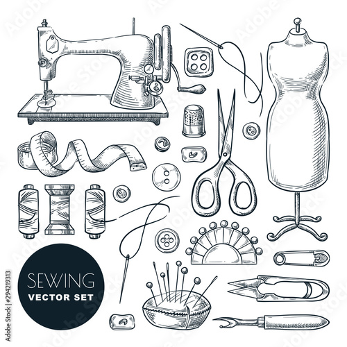 Sewing tools and tailor equipment set. Vector sketch illustration. Craft and handmade sew needlework design elements