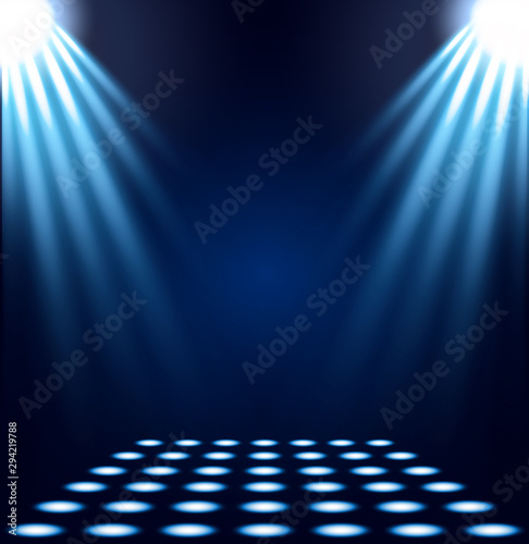 Blue spotlights realistic vector illustration. Bright decorative backdrop with copy space. Shiny violet floodlight beams with sparkling effect. Entertainment show, theater stage illumination.