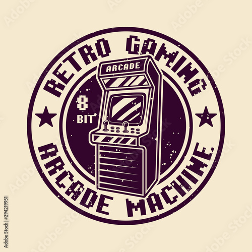 Retro game vector round badge with arcade machine