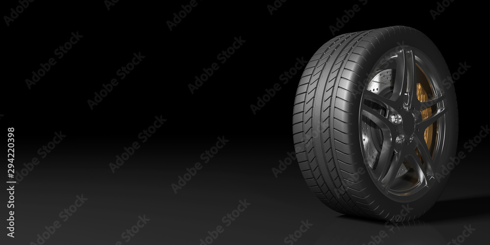 black wheels on a black background, 3d illustration