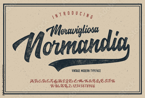  "Meravigliosa Normandia". Vintage Brush Script Alphabet. Retro Typeface. Vector Illustration.