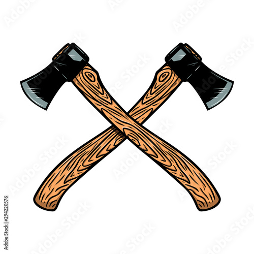 Crossed axes isolated on white background. Design element for emblem, sign, badge. Vector illustration