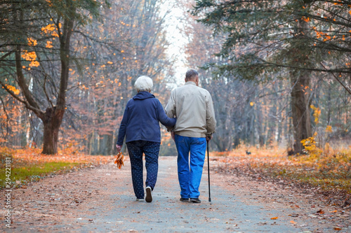 Senior couple walking in an autumn park.