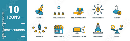 Crowdfunding icon set. Include creative elements marketplace, social participation, pre-release, rewards, funding platform icons. Can be used for report, presentation, diagram, web design
