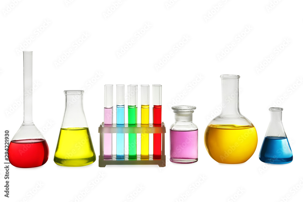 Laboratory glassware with colorful liquids on white background - obrazy, fototapety, plakaty 