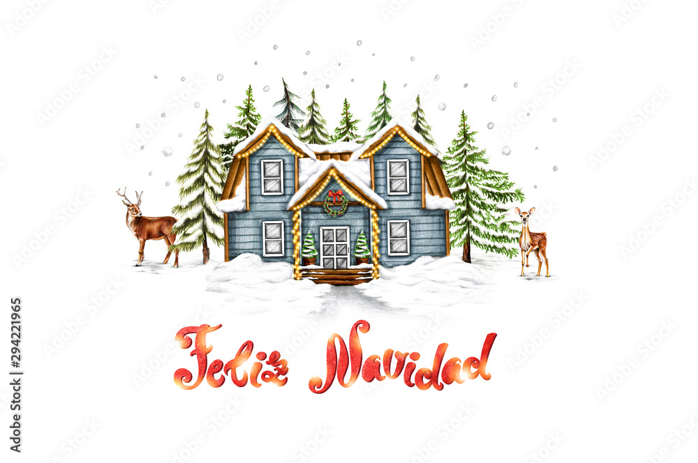 Spanish Merry Christmas Background with deers, trees and decorated house. Xmas holidays Card