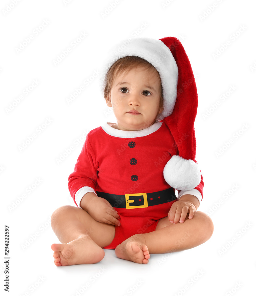 Cute little baby wearing festive Christmas costume on white background Cute little baby wearing festive Christmas costume on white background