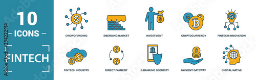 Fintech icon set. Include creative elements online banking, direct payment, fintech, cryptocurrency, fintech industry icons. Can be used for report, presentation, diagram, web design