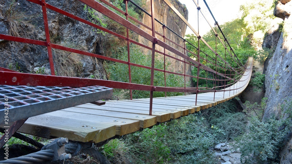 Puente colgante de hierro y madera en medio del camino