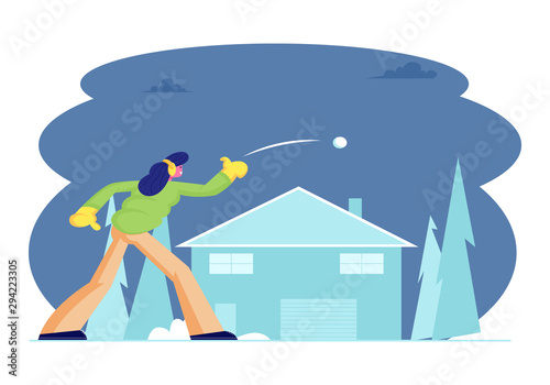 Young Pretty Woman in Warm Clothes and Earmuffs Throwing Snow Ball Playing Snowballs Battle on Street at House Yard. Christmas Holidays Sparetime Activity and Relax Cartoon Flat Vector Illustration