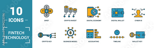 Fintech Technology icon set. Include creative elements basic income, bitcoin technology, online loan, kyc, business model icons. Can be used for report, presentation, diagram, web design