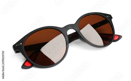 Stylish sunglasses on white background. Fashionable accessory
