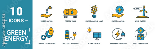 Power And Energy icon set. Include creative elements green energy, solar energy, biomass, energy development, energy saving lamp icons. Can be used for report, presentation, diagram, web design
