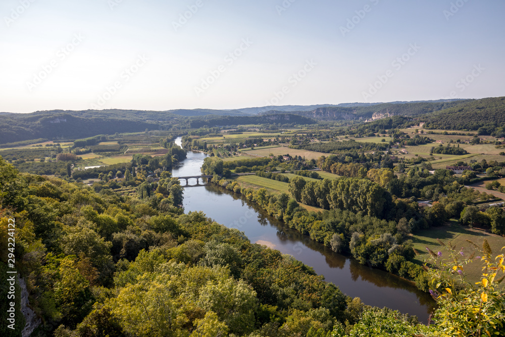 View of the River Dordogne and the Dordogne Valley from the walls of the old town of Domme, Dordogne, France