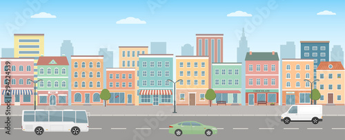 City life illustration with house facades, road and other urban details.  Panoramic view. Flat style, vector illustration.