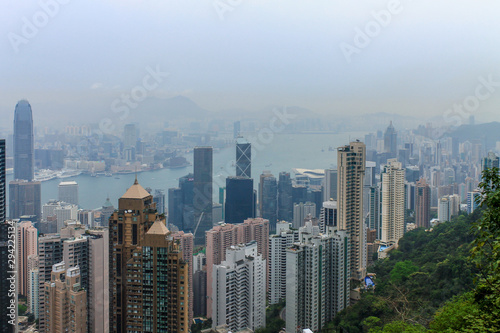 Large Skyline Panorama with Victoria Bay, Transportation Ships, Harbour and Kowloon taken from Hongkong Island. Hong Kong, China