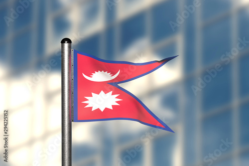 3d render of an flag of Nepal, in front of an blurry background, with a steel flagpole