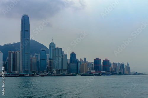 Skyline of Victoria Bay  Transportation Ships and Hongkong Island in the background taken from Kowloon. Hong Kong  China  Asia
