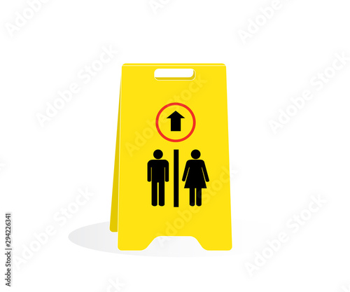 Accident Prevention signs, Caution board with  TOILET and fallow pointer arrow symbol. beware and careful board, warning symbol, road sign and traffic symbol design concept, vector illustration.