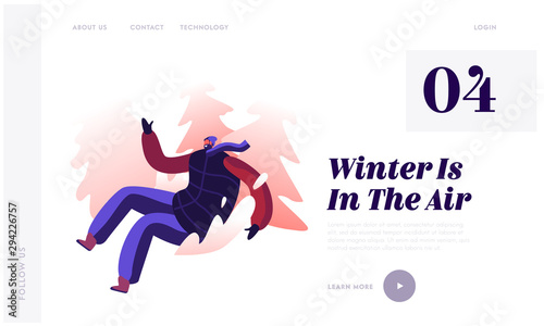 Man Sliding Off Snow Hill at Park Website Landing Page. Young Cheerful Male Character in Sledging on his Buttocks Downhills. Outdoors Winter Activity Web Page Banner. Cartoon Flat Vector Illustration
