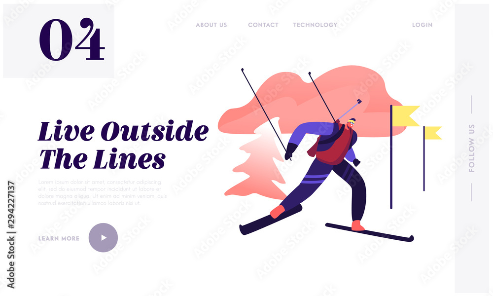 Biathlon Race Skiing Website Landing Page. Sportsman Running Route. Athlete Racer Biathlete Taking Part in World Cup Competition. Winter Sport Concept Web Page Banner. Cartoon Flat Vector Illustration