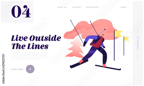 Biathlon Race Skiing Website Landing Page. Sportsman Running Route. Athlete Racer Biathlete Taking Part in World Cup Competition. Winter Sport Concept Web Page Banner. Cartoon Flat Vector Illustration