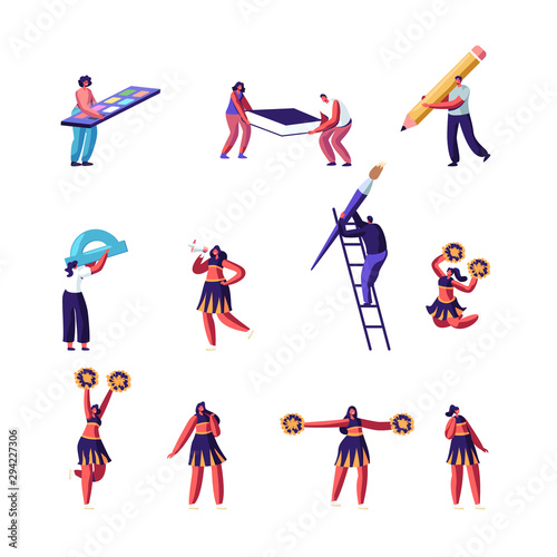 Education and Cheerleading Concept Set. Characters Holding Huge Stationery Accessories for School.Cheerleaders Team in Uniform Dance on Sports Event or Competition. Cartoon Flat Vector Illustration