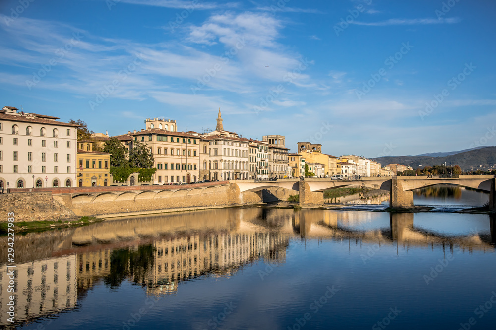 Embankment of the Arno river in Florence on an autumn morning. Florence, Tuscany, Italy
