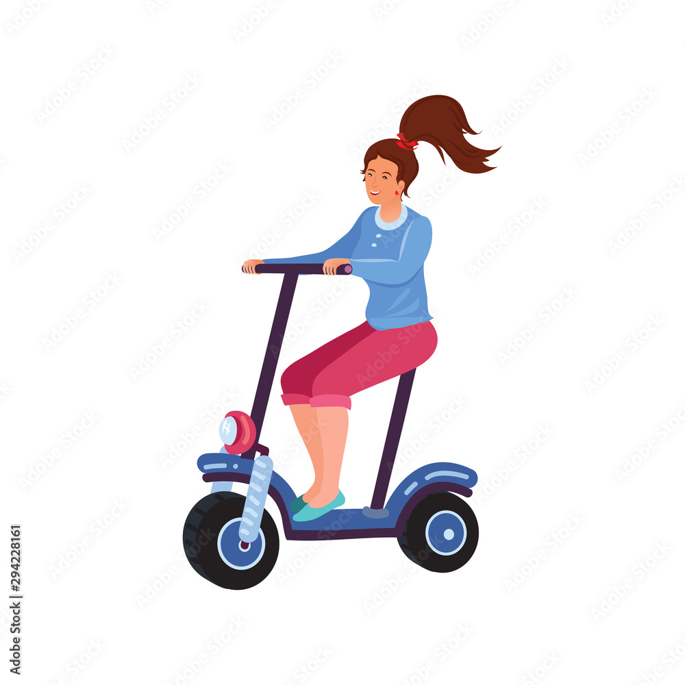 Woman riding an electric two-wheeled scooter with a seat. Vector illustration in a flat cartoon style. Woman riding an electric two-wheeled scooter with a seat. Vector illustration in a flat cartoon style.