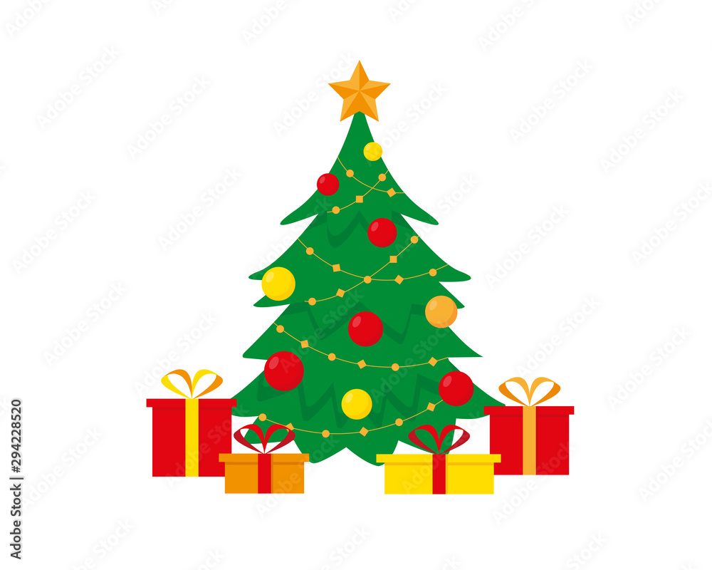 Decorated christmas tree and presents boxes. Happy New Year and Christmas vector illustration isolated on the white background. Decorated christmas tree and presents boxes. Happy New Year and Christmas vector illustration isolated on the white background.