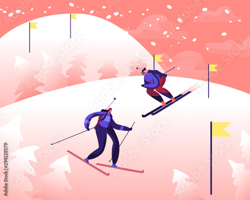Sportswomen with Rifles on Back Compete at Olympic Games or World Cup Tournament. Participants Skiing Downhills at Biathlon Race Route with Flags Marks. Winter Sport Cartoon Flat Vector Illustration