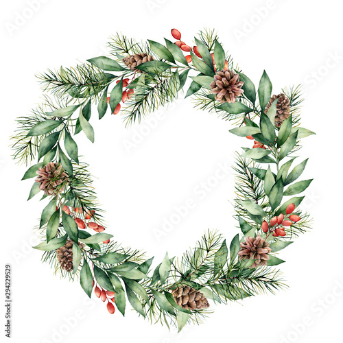Watercolor Christmas wreath with berries, pine cones and tree branches. Hand painted fir border with eucalyptus leaves isolated on white background. Floral illustration for design, print, background.