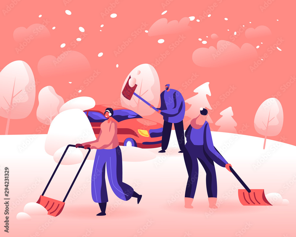 Snow and Ice Removal after Blizzard Concept. Cheerful People Remove Snowdrifts with Shovels from Ground Cleaning Backyard Area and Car from Snow. Wintertime Activity Cartoon Flat Vector Illustration