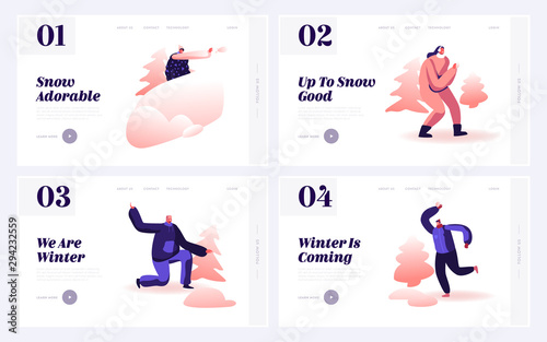 Snowballs Website Landing Page Set. Joyful Energetic Friends Playing Games and Having Fun Having Snow Ball Fight During Holiday on Winter Day Outdoors Web Page Banner. Cartoon Flat Vector Illustration