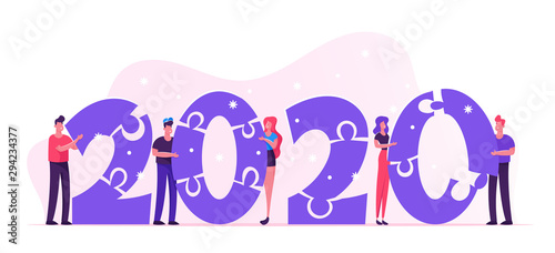 New Year Celebration and Teamwork Concept. Tiny Business People or Colleagues Characters Set Up 2020 Numbers of Puzzle Pieces. Party Poster Banner Flyer Brochure. Cartoon Flat Vector Illustration