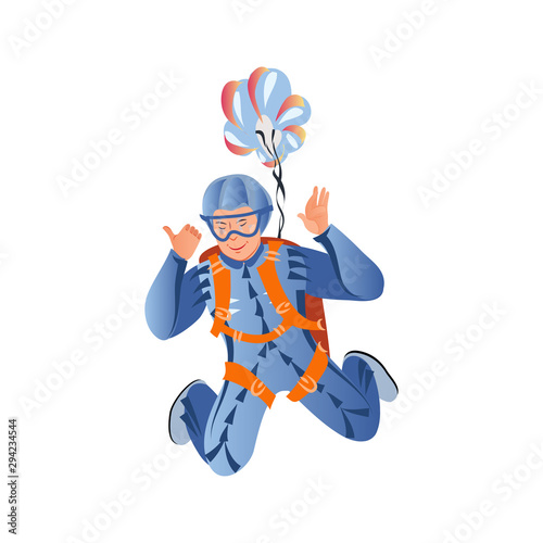 Skydiver in the blue suit flying with the blue parachute showing OK sign. Vector illustration in a flat cartoon style. photo