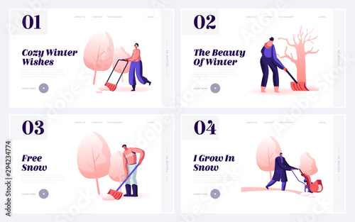 Winter Time Activity Website Landing Page Set. Happy People Removing Snow from Street Using Shovel and Snowblower for Cleaning Road after Snowfall Web Page Banner. Cartoon Flat Vector Illustration